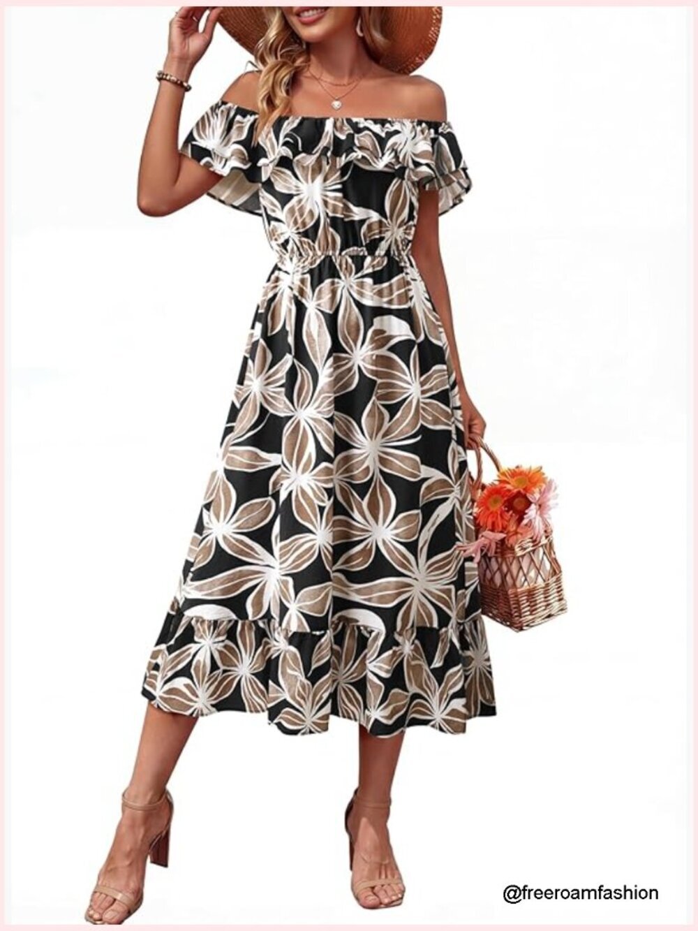 Boho Floral Midi Dress Ruffle A-Line Sundress Casual Summer Everyday Wear
